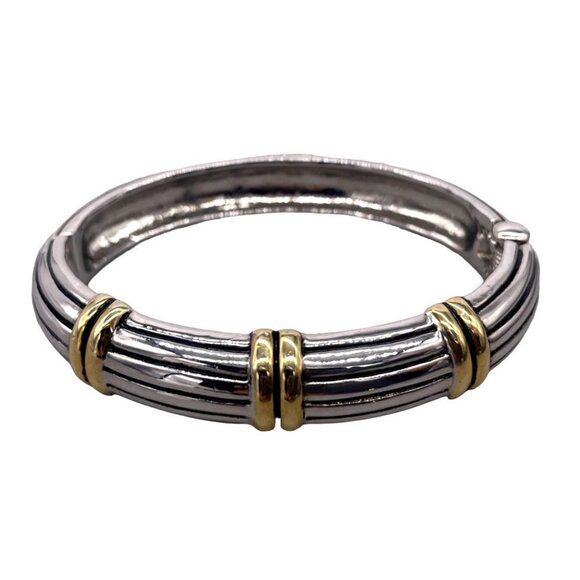 Elegant Ribbed Byzantine Style Hinge Bangle Bracelet Silver and Gold Tone - Picture 1 of 4